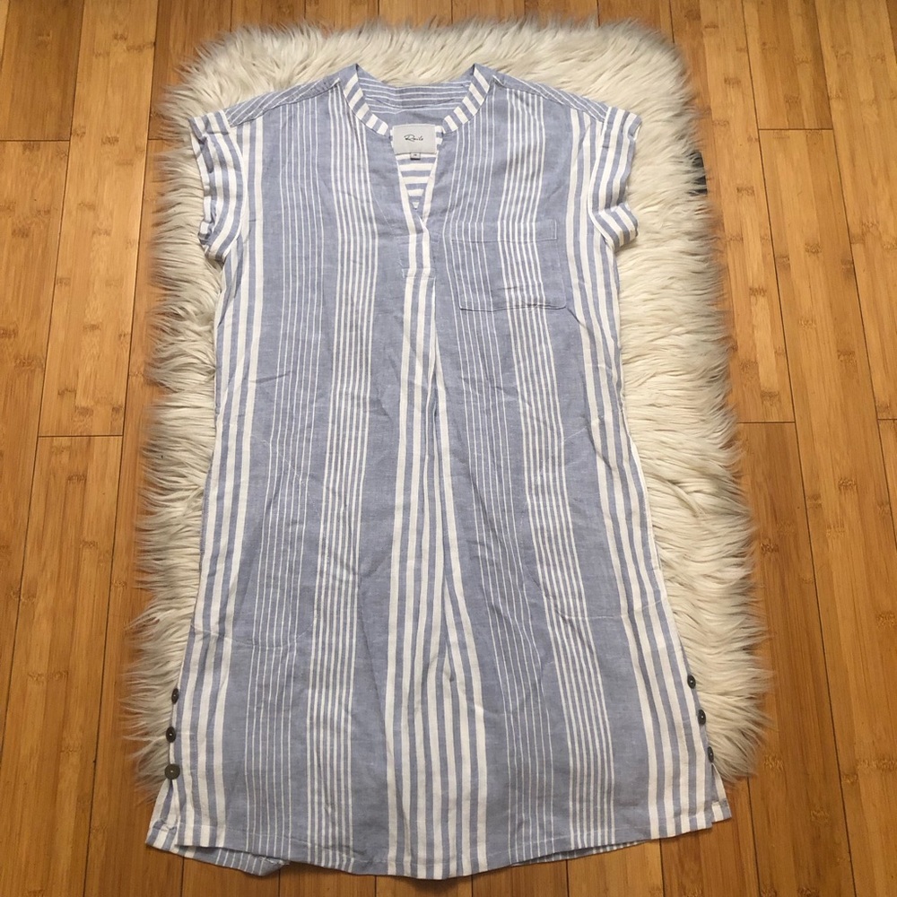 Rails Linen Blend Blue White Stripes Buttoned Cap Sleeves Relaxed Fit Dress XS